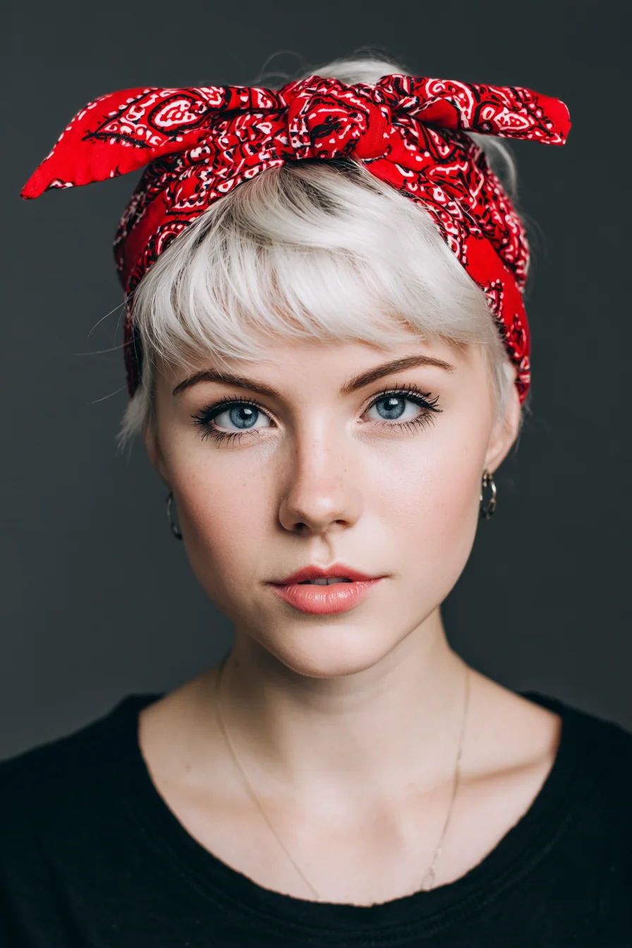 Short Platinum Pixie with Textured Fringe and Red Bandana