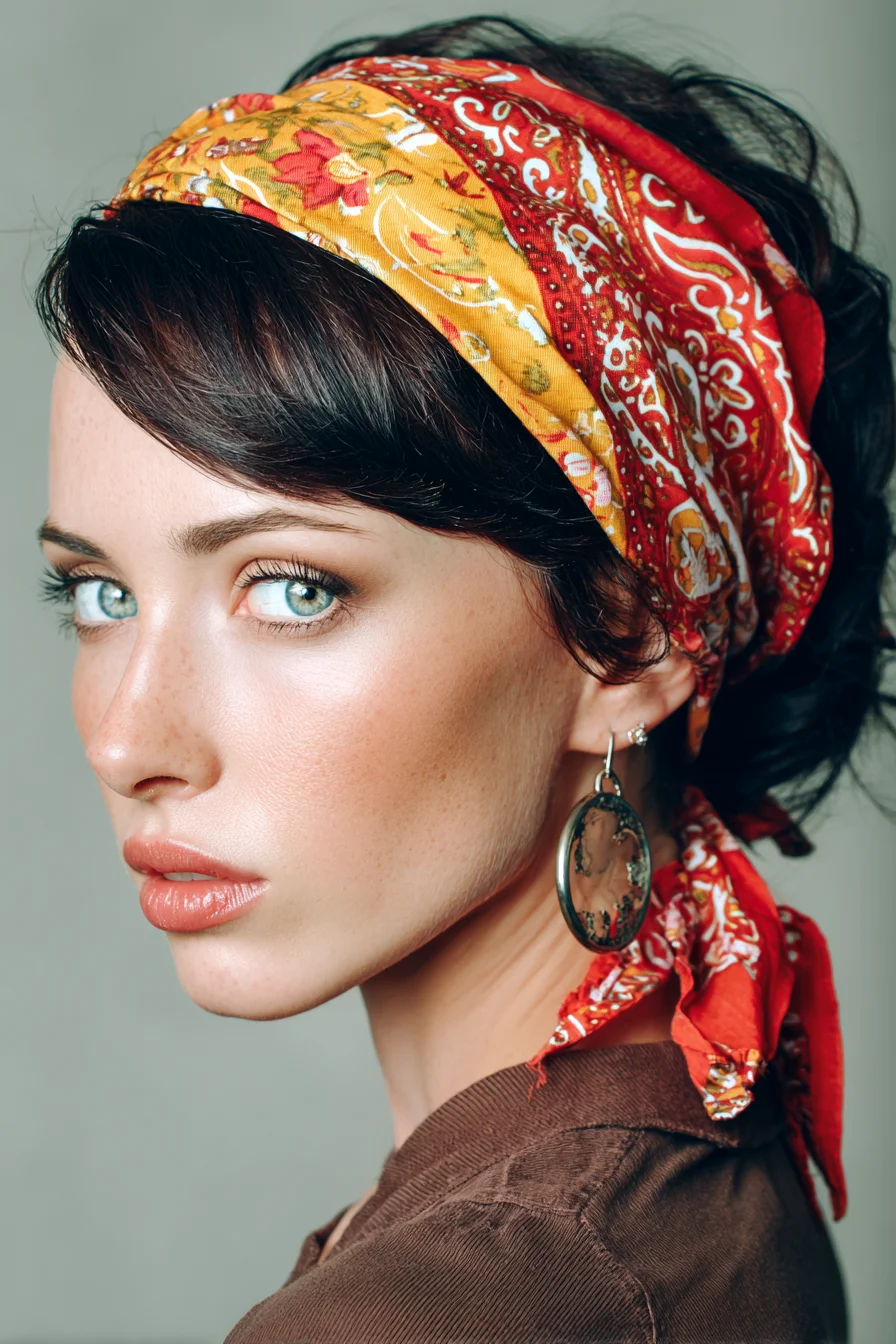 Short Textured Bob with Scarf Wrap and Side‑Swept Fringe