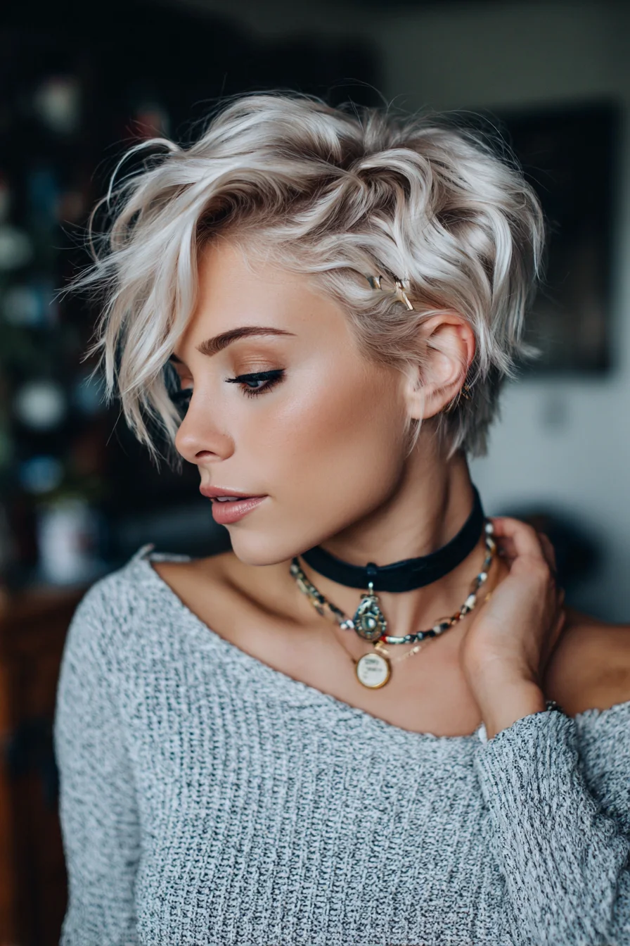 Short Textured Platinum Pixie with Side‑Swept Fringe