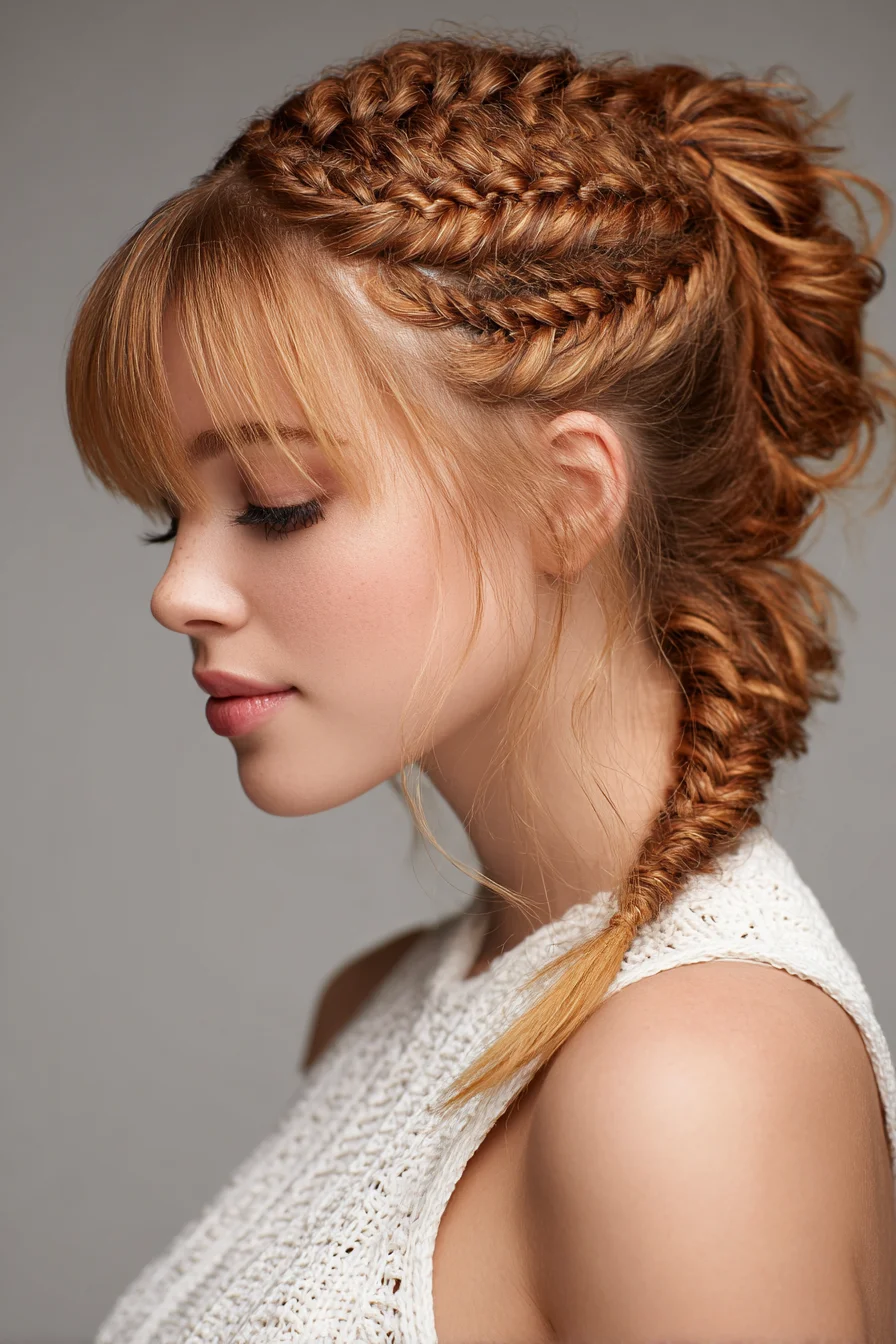 Side Cornrows into Messy Fishtail Braid with Face‑Framing Bangs