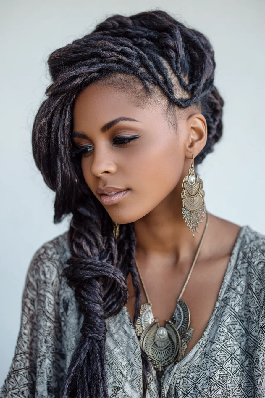 Side-Swept Chunky Faux Locs with Cornrowed Undercut and Rope Braid