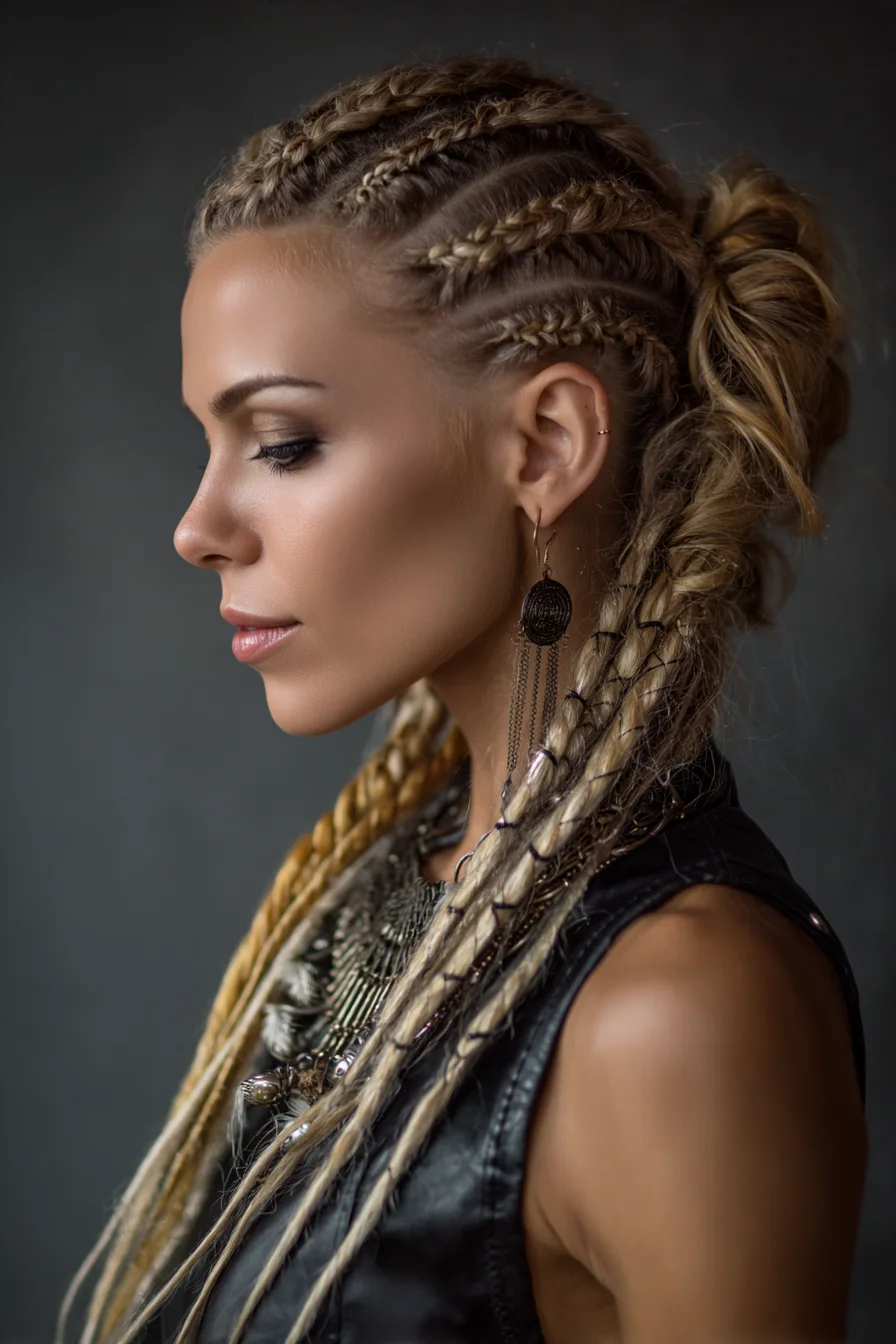Sleek Cornrow-to-Textured Long Braids with Low Messy Bun