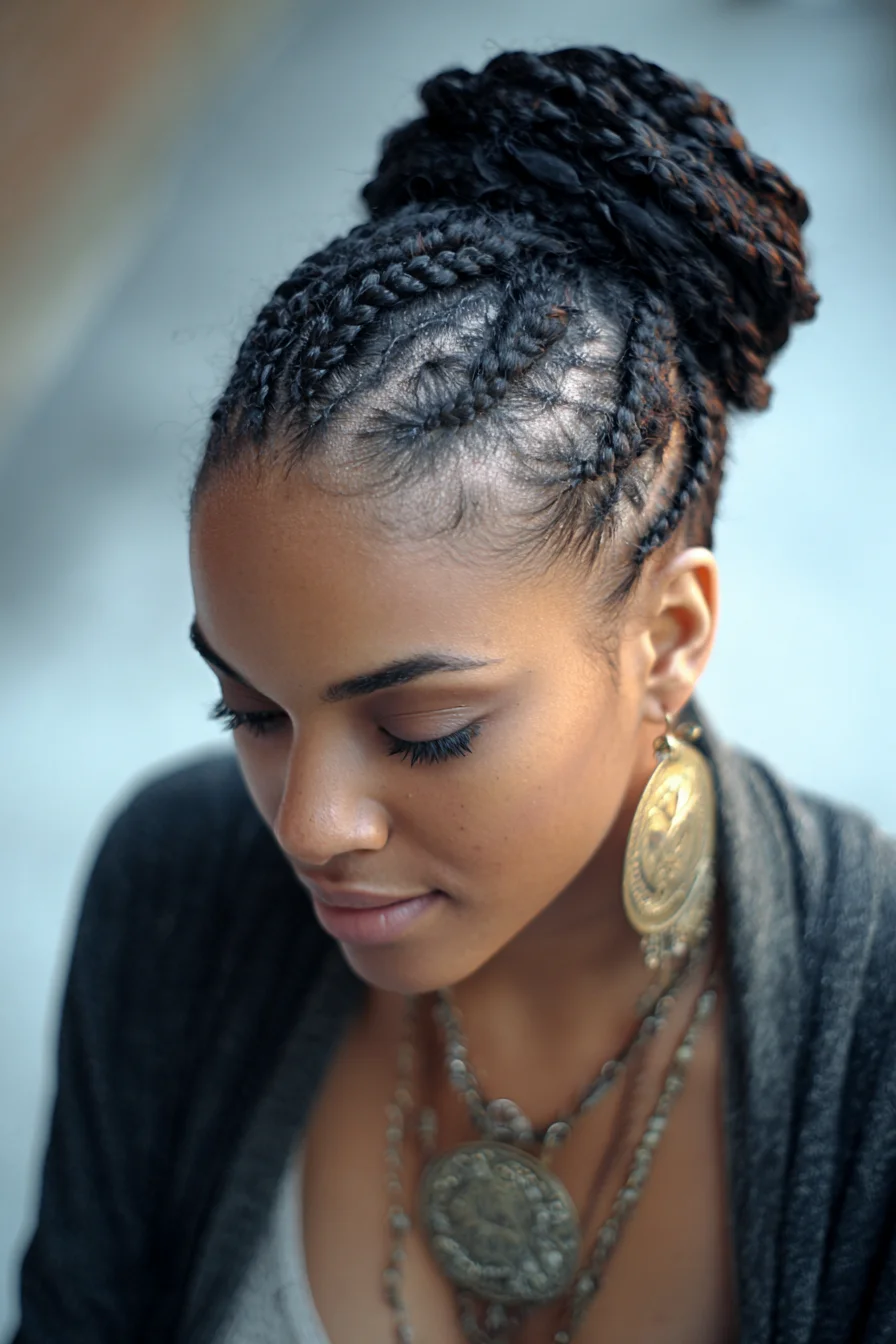 Sleek Cornrowed High Bun — Small Feed-In Braids Gathered into a Top Knot