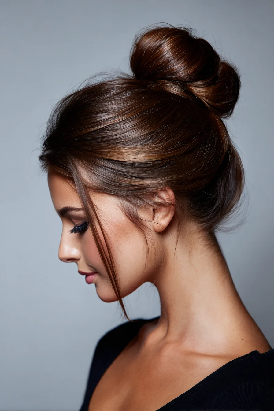 Sleek Twisted High Bun with Face-Framing Tendrils