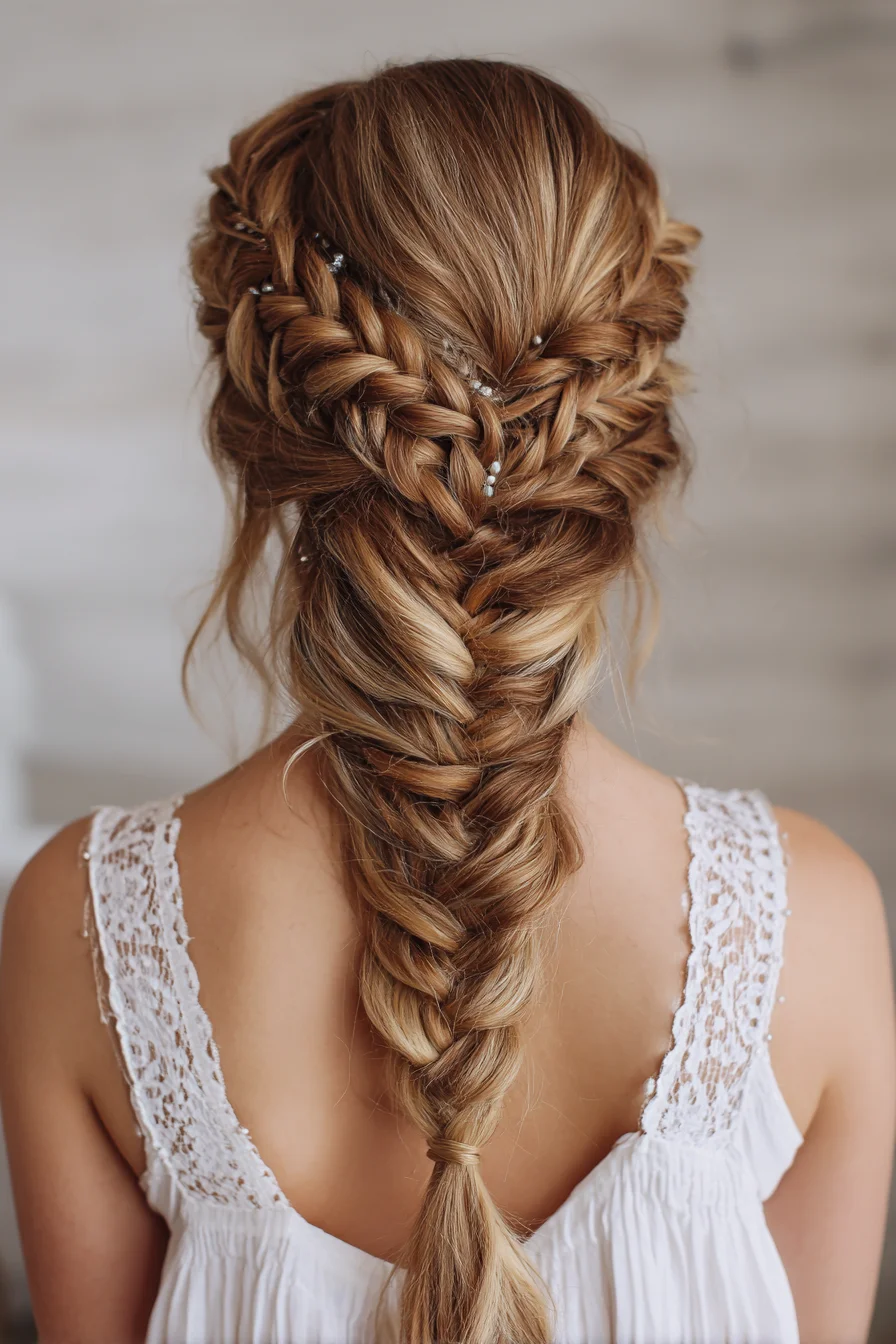Textured Boho Fishtail Braid with Crown Braids