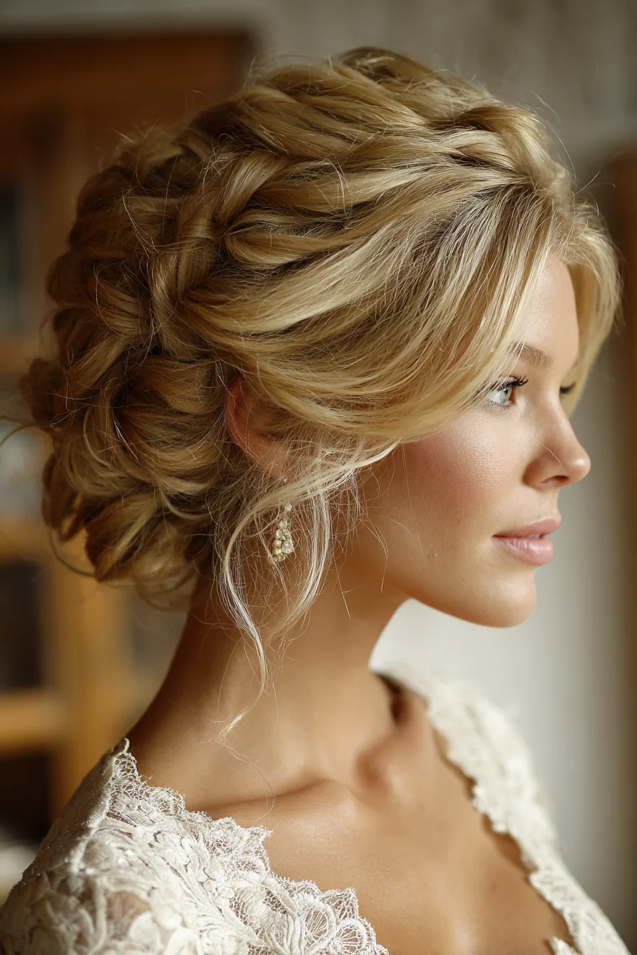 Textured Braided Low Updo with Face‑Framing Tendrils