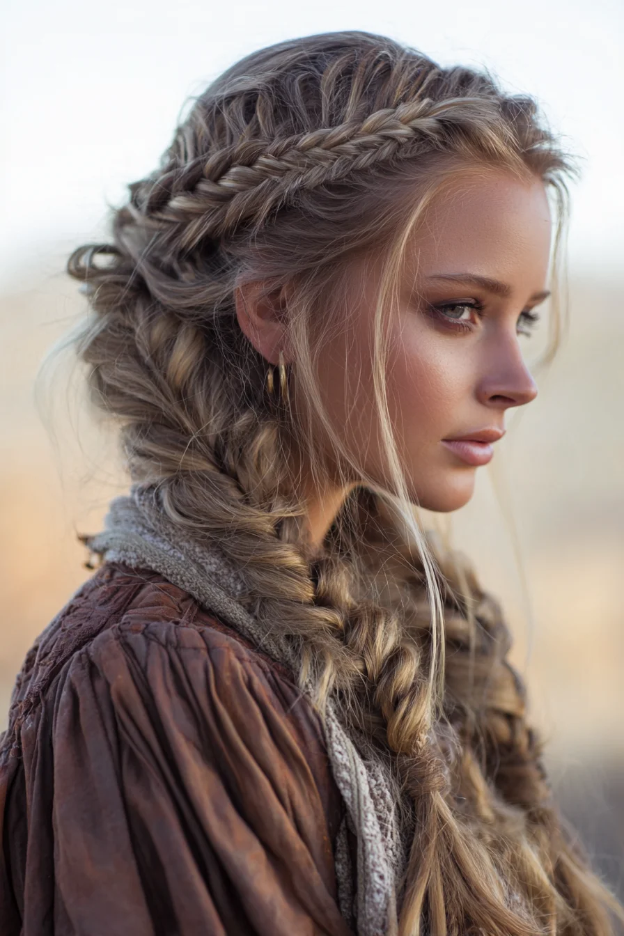 Textured Crown Fishtail with Chunky Side Braids and Face‑Framing Tendrils