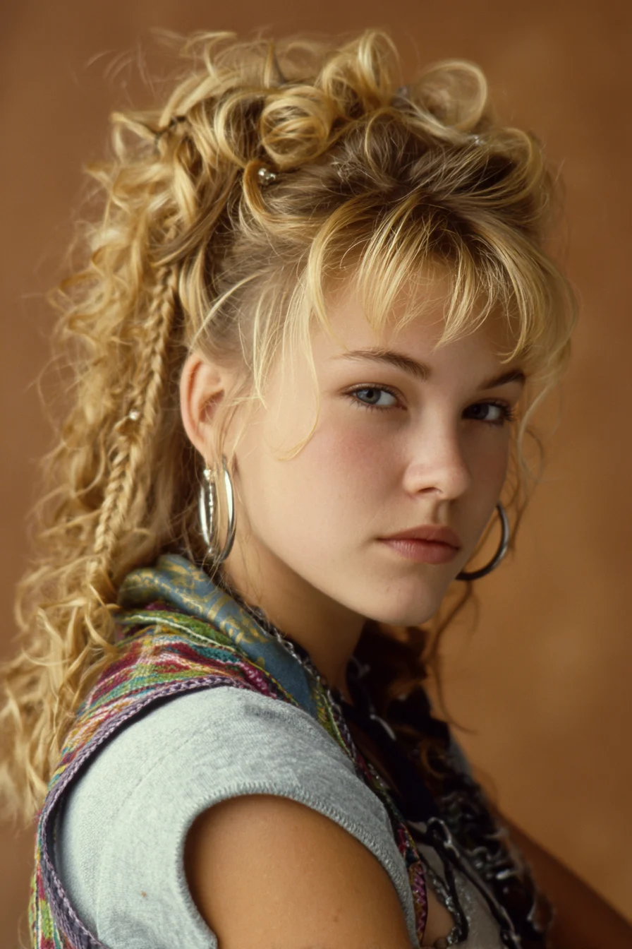 Textured Curly Half-Up with Micro Braids and Face‑Framing Bangs