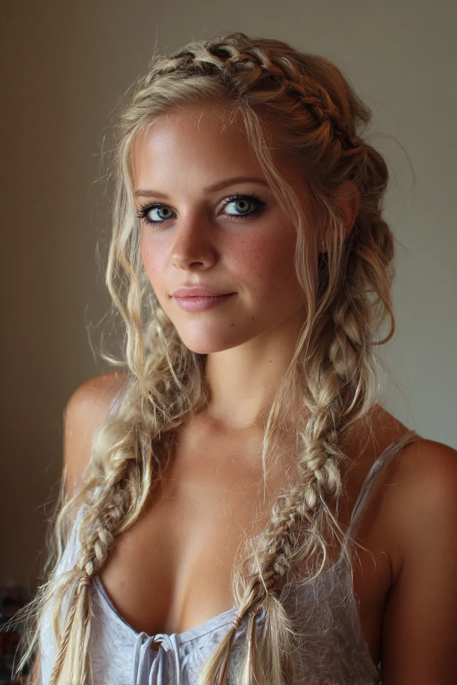 Textured Double Dutch Crown with Loose Face‑Framing Braids