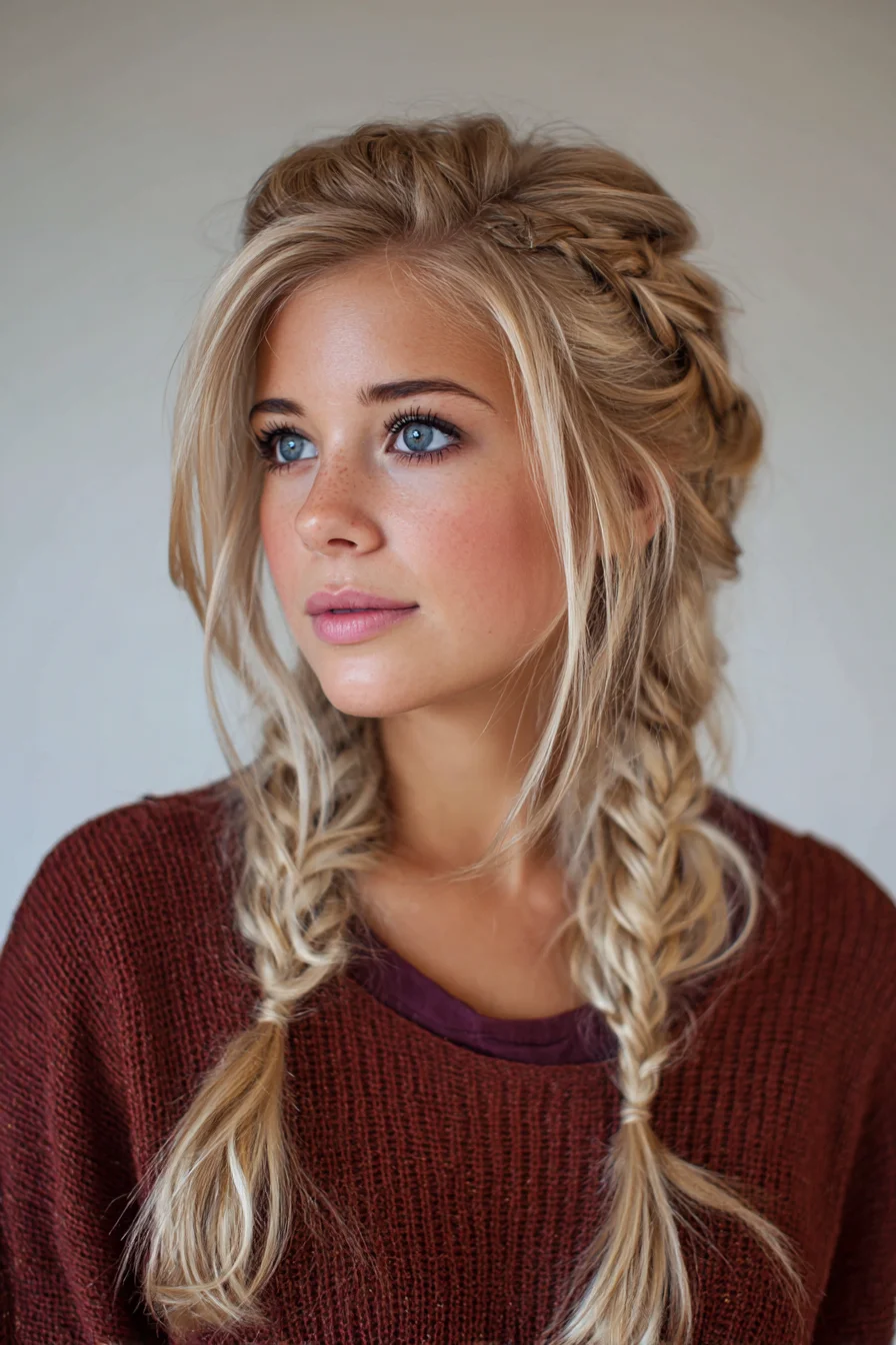 Textured Double Fishtail Braids with Soft Crown Twist