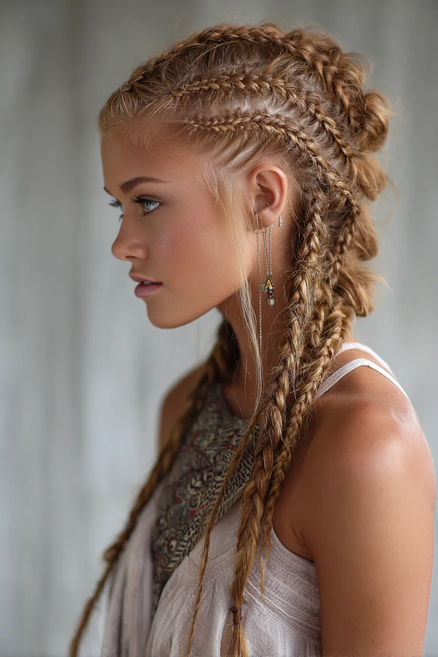 Textured Dutch Cornrows with Long Boho Braids and Messy Low Bun