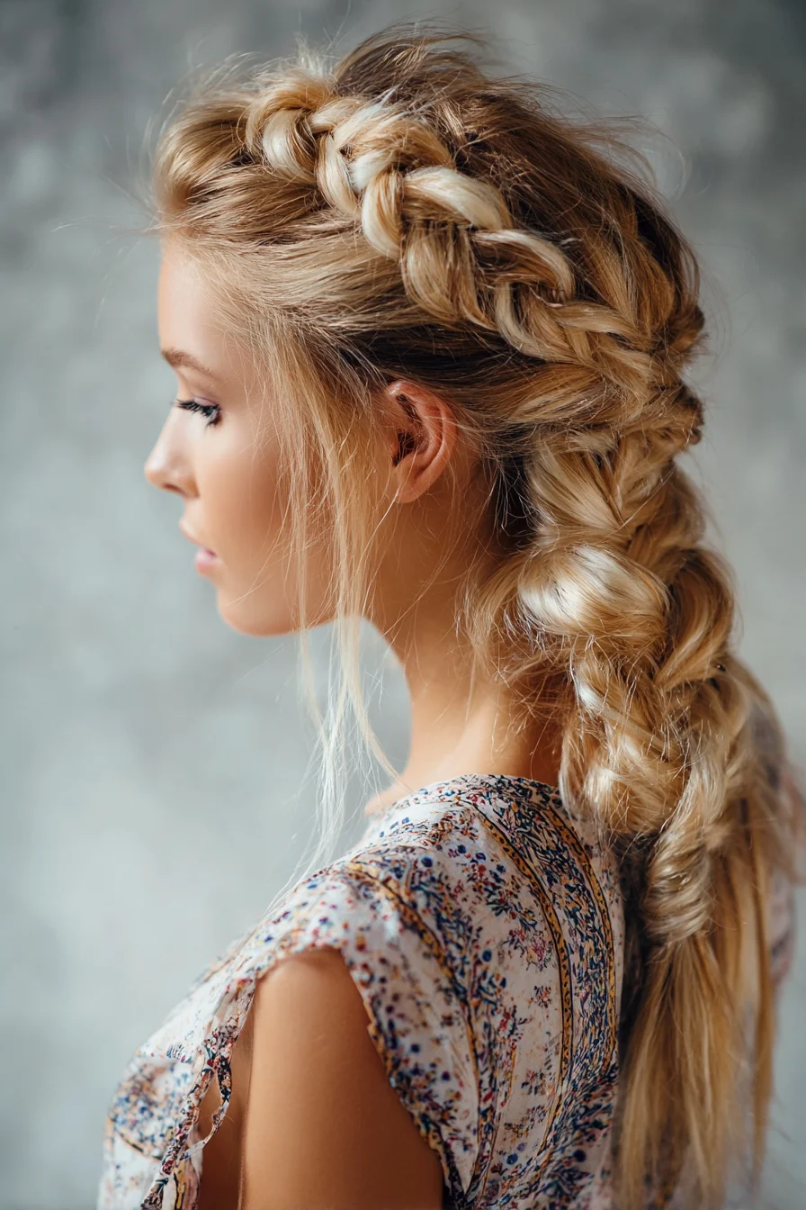 Textured Dutch Crown Braid into Voluminous Bubble Ponytail