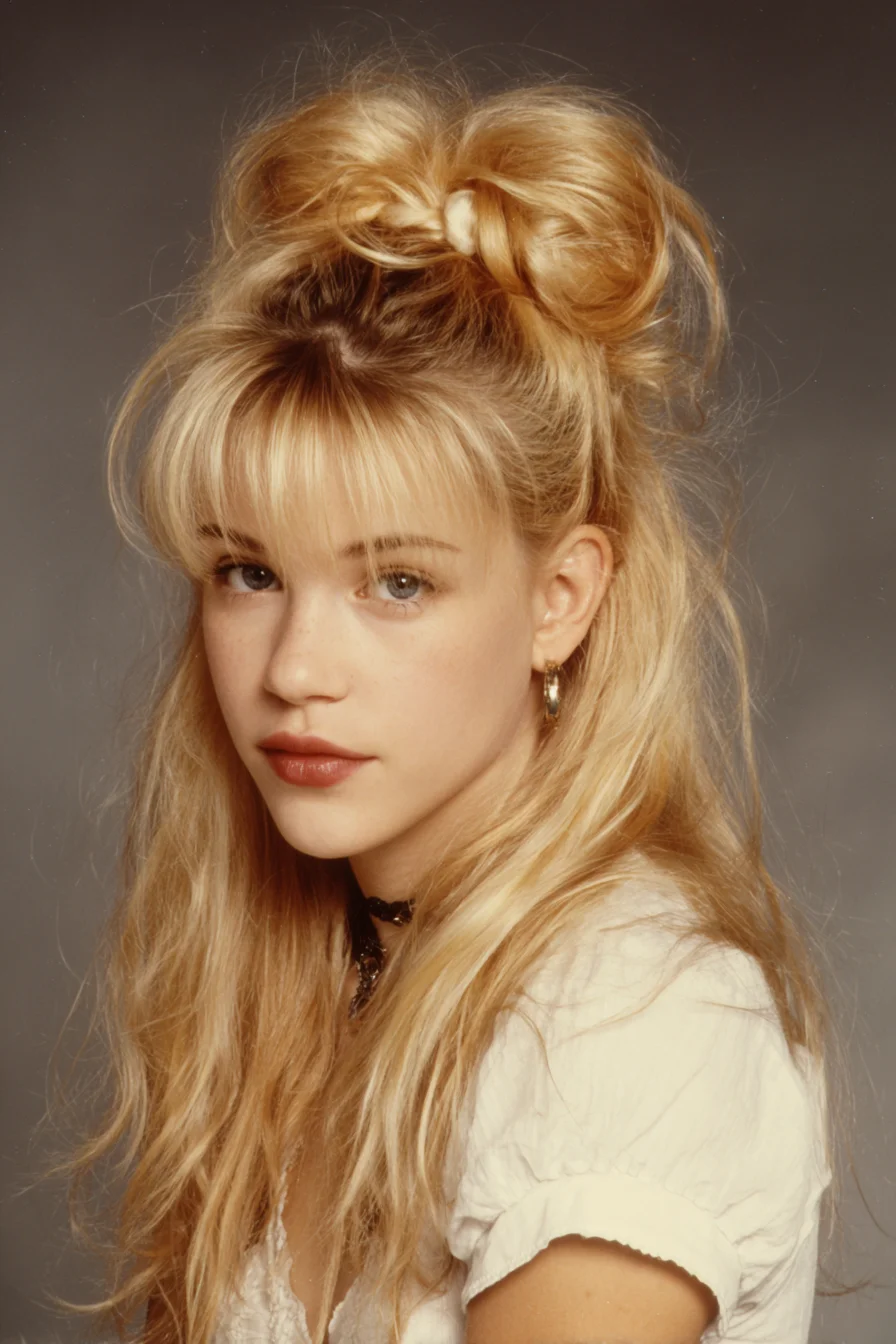 Textured Half‑Up Bow Bun with Curtain Bangs
