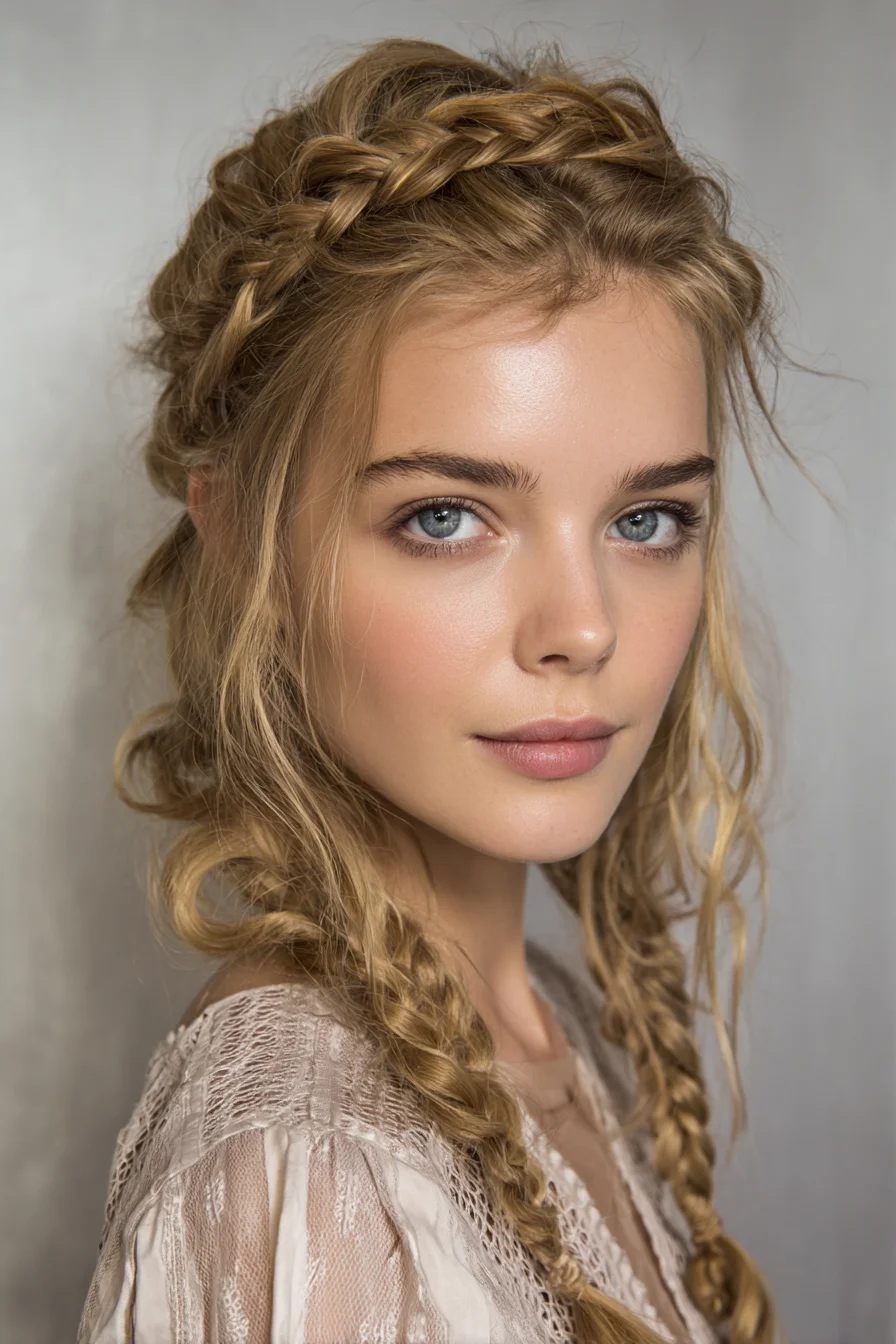 Textured Halo Crown Braid with Loose Face-Framing Braids