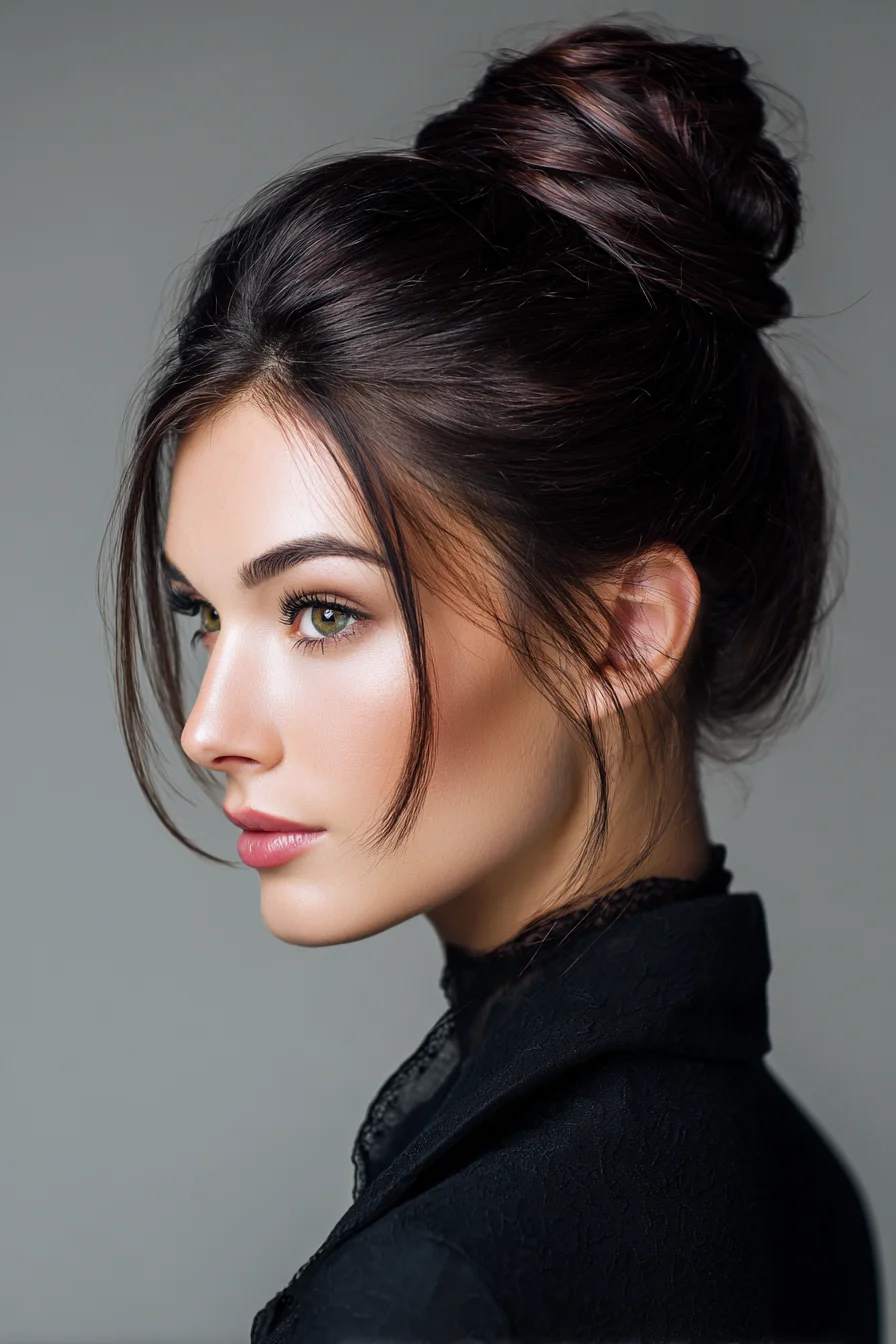 Textured High Bun Updo with Face‑Framing Tendrils