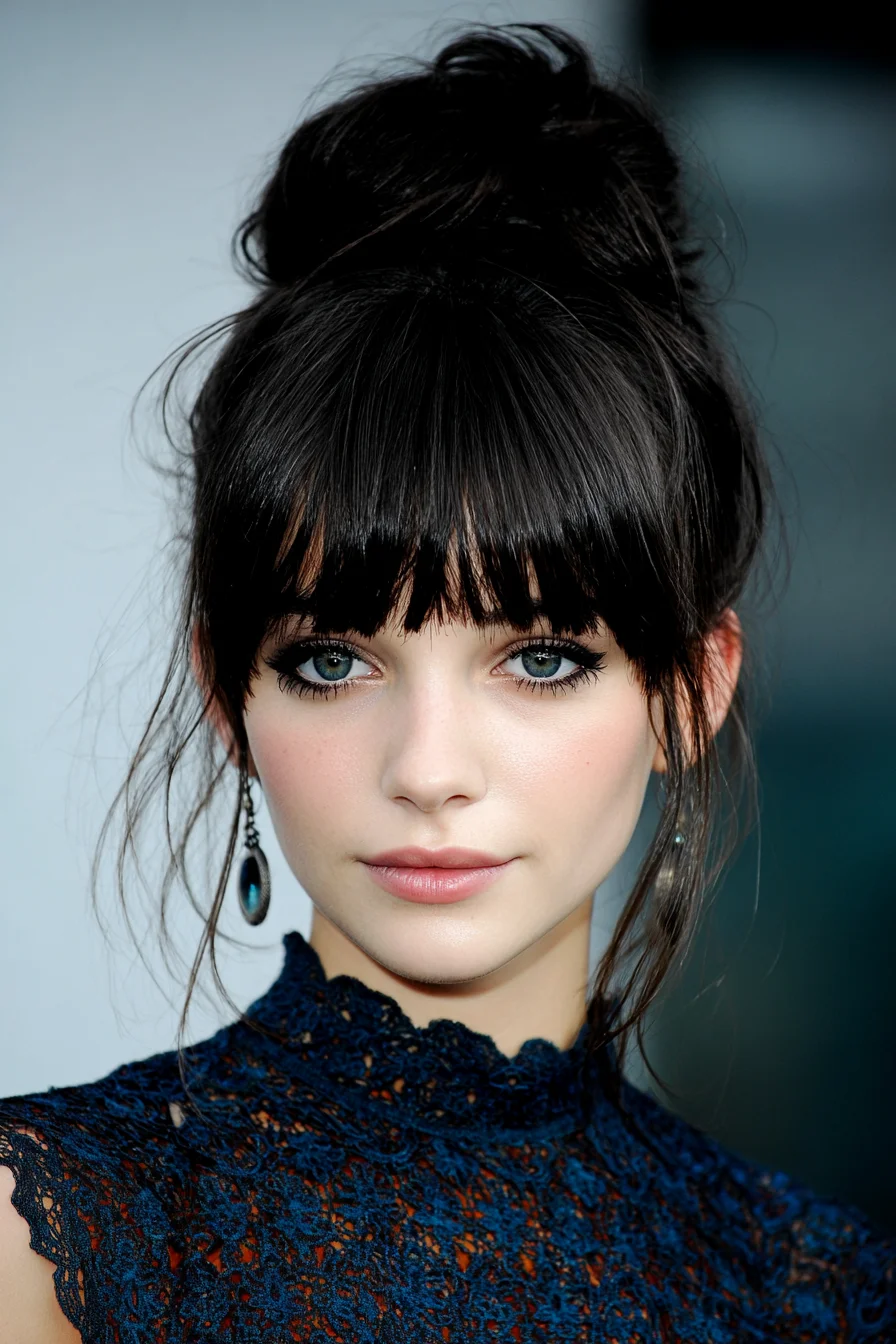 Textured High Bun with Blunt Fringe (Top Knot & Face‑Framing Wisps)