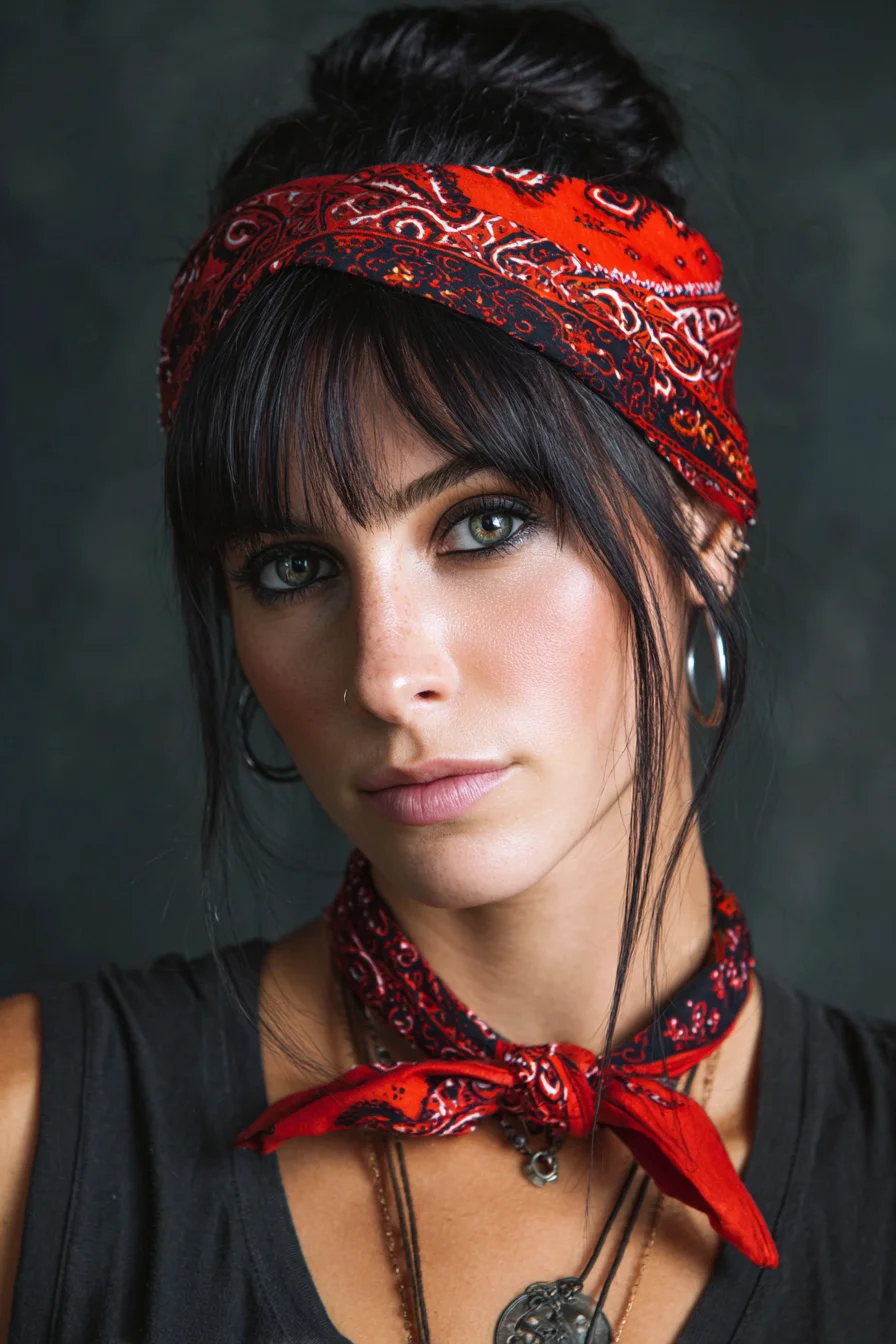 Textured High Bun with Curtain Bangs and Folded Bandana