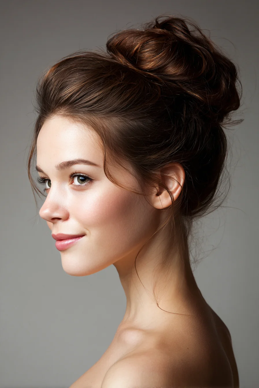 Textured High Messy Bun with Face‑Framing Tendrils — Updo for Medium to Long Hair