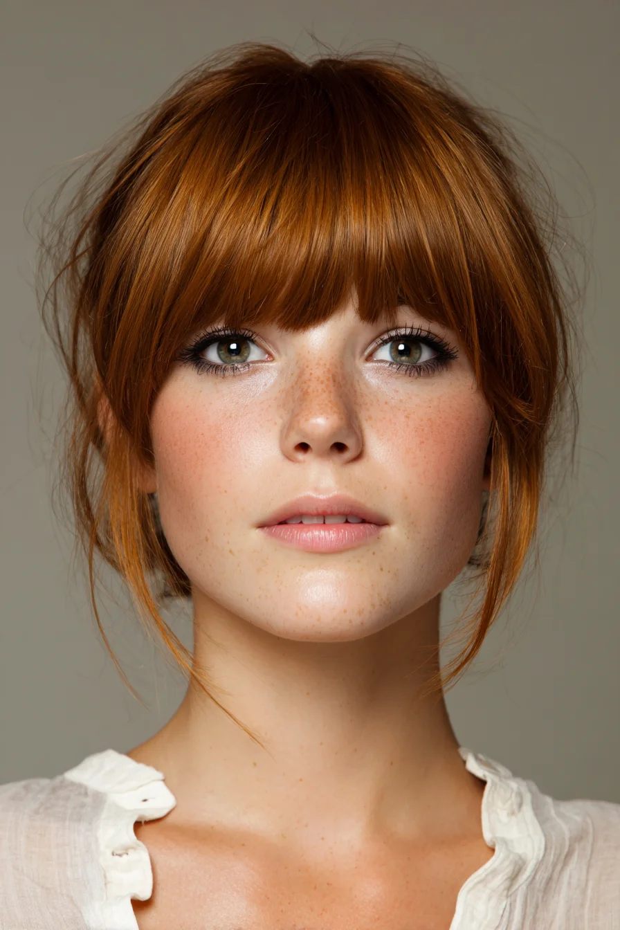Textured Low Bun with Blunt Fringe and Face‑Framing Tendrils