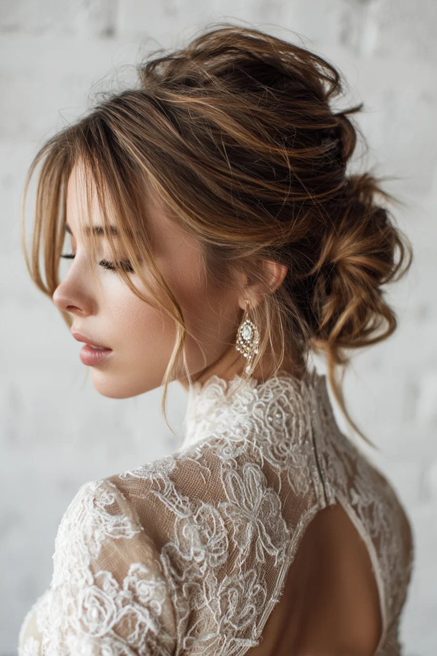 Textured Low Messy Bun with Face‑Framing Curtain Bangs