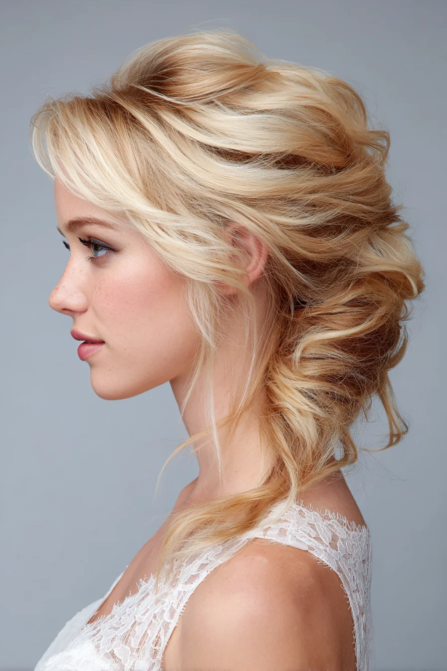 Textured Low Messy Updo with Face‑Framing Layers