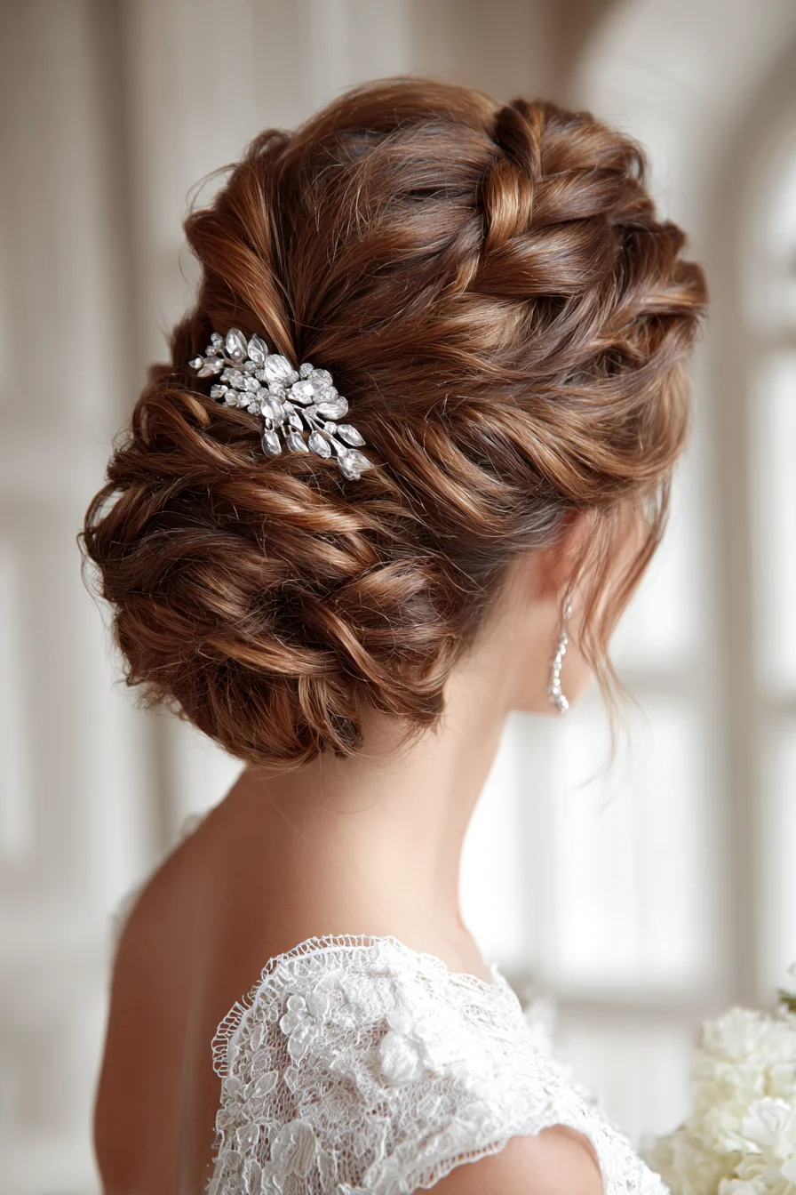 Textured Low Twisted Bridal Updo with Braided Detail and Crystal Hairpin