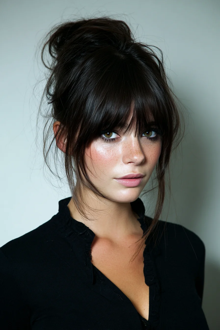 Textured Messy High Bun with Curtain Bangs