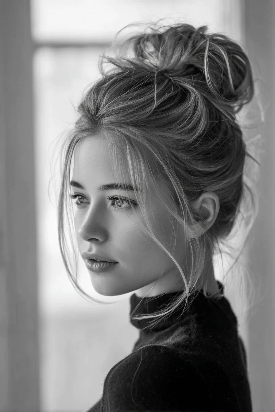 Textured Messy High Bun with Face‑Framing Tendrils — Soft, Everyday Updo