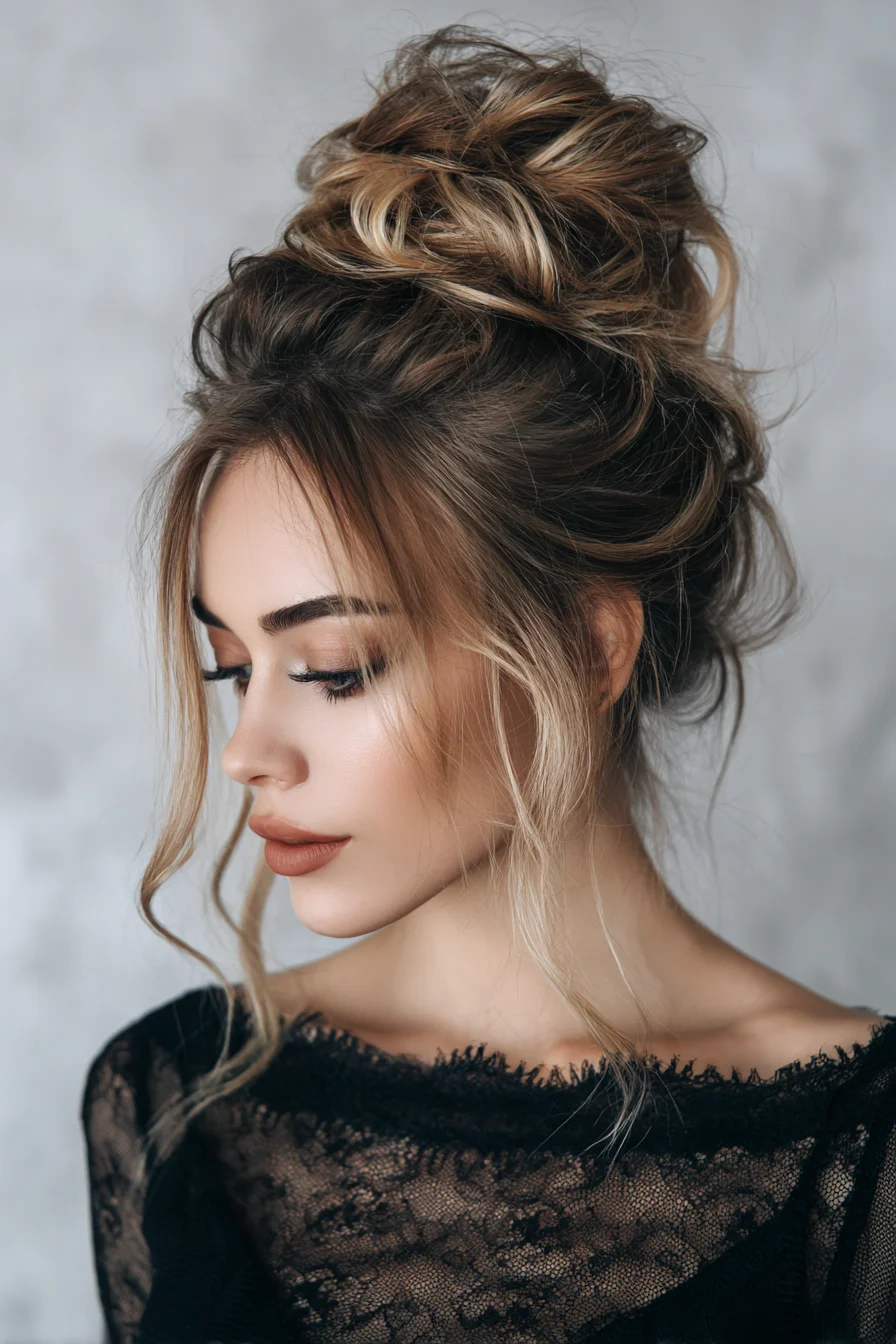 Textured Messy High Bun with Face‑Framing Tendrils