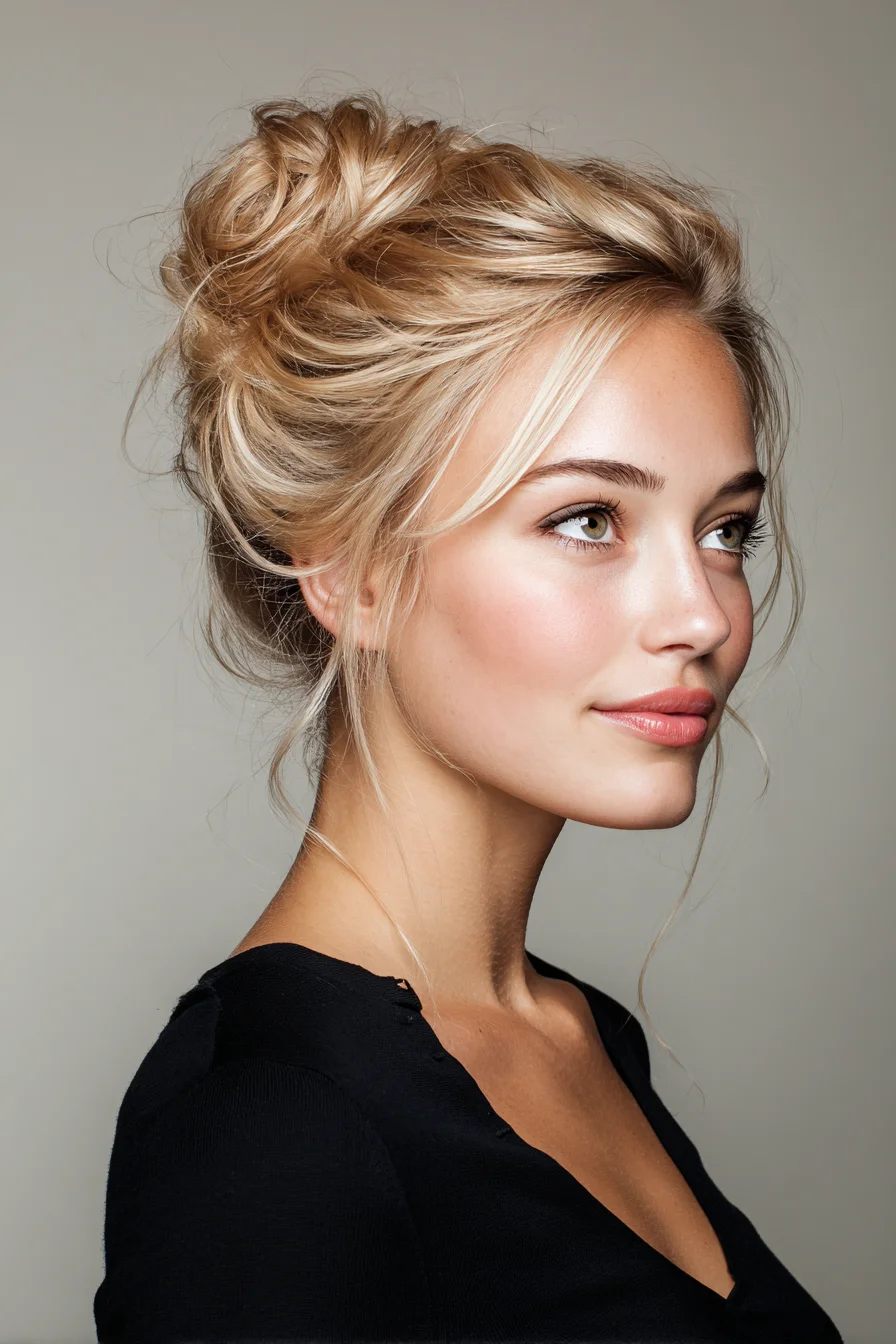 Textured Messy High Bun with Face‑Framing Wisps