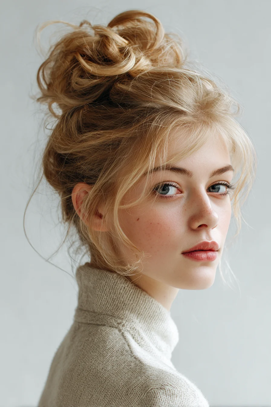 Textured Messy High Bun with Soft Face‑Framing Wisps