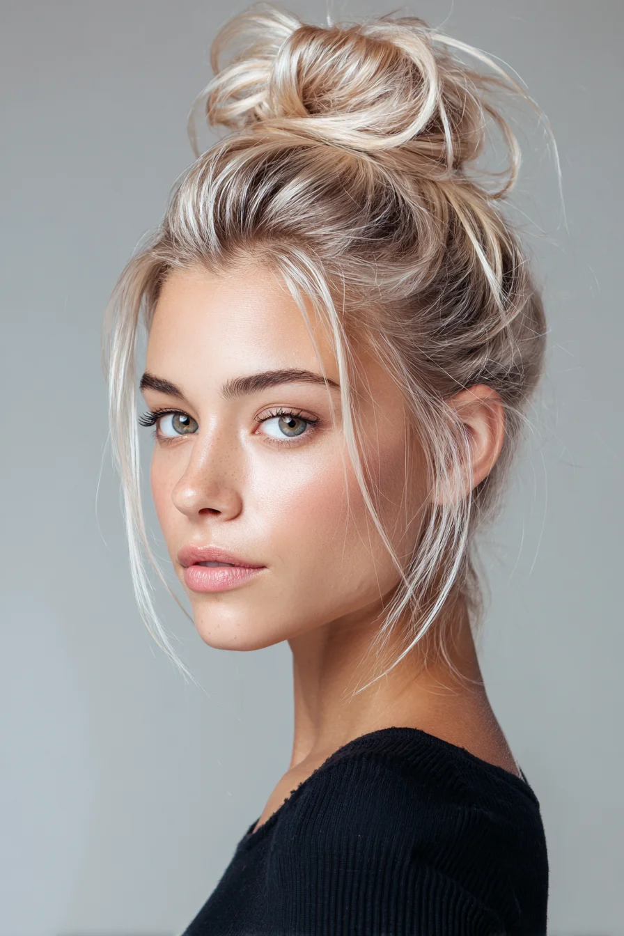 Textured Messy Top Knot Bun with Face-Framing Pieces