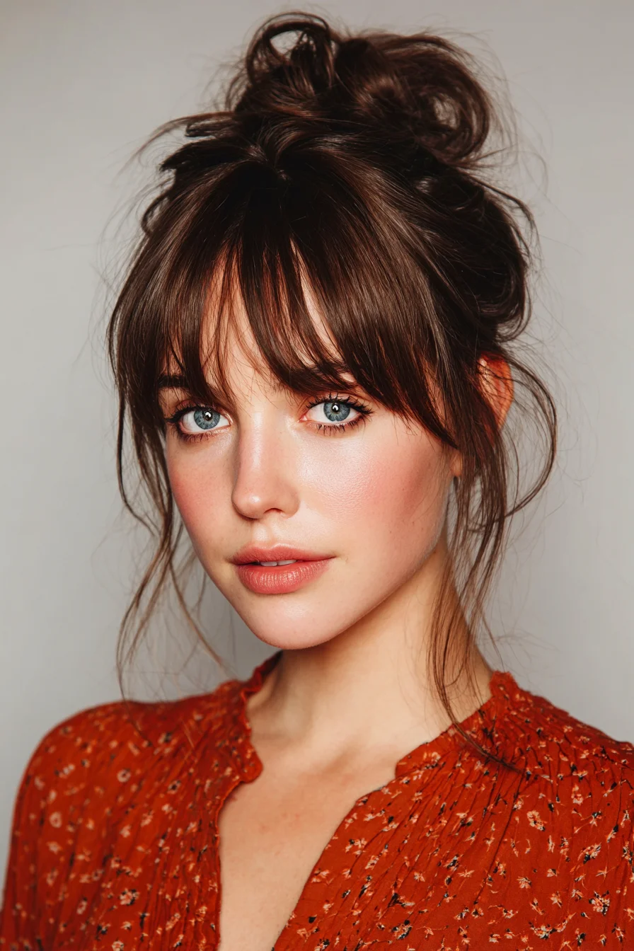Textured Messy Top Knot with Curtain Bangs and Face-Framing Tendrils