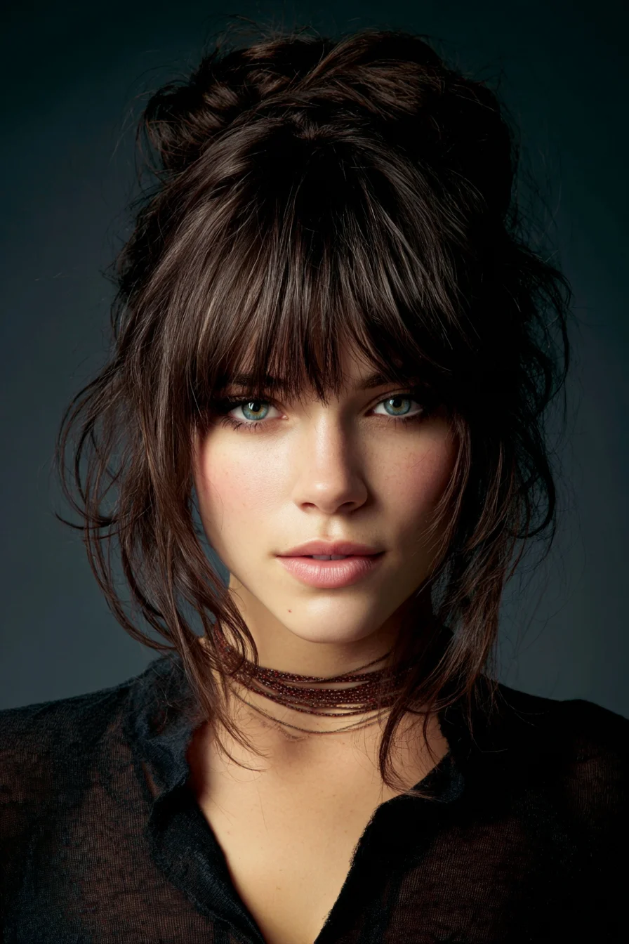 Textured Messy Updo with Full Fringe and Face‑Framing Layers