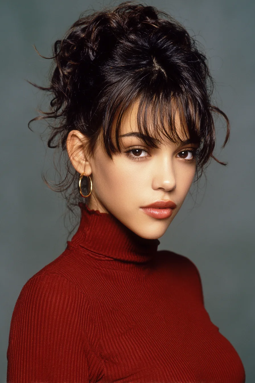 Textured Messy Updo with Wispy Curtain Bangs