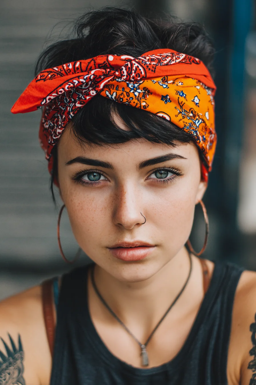 Textured Pixie with Tousled Fringe and Retro Bandana Wrap