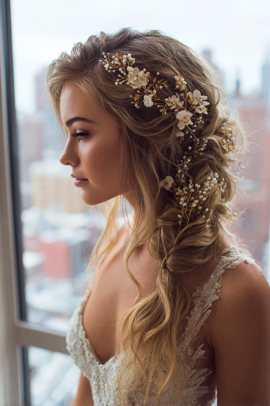 Textured Romantic Side Braid with Floral Accessories