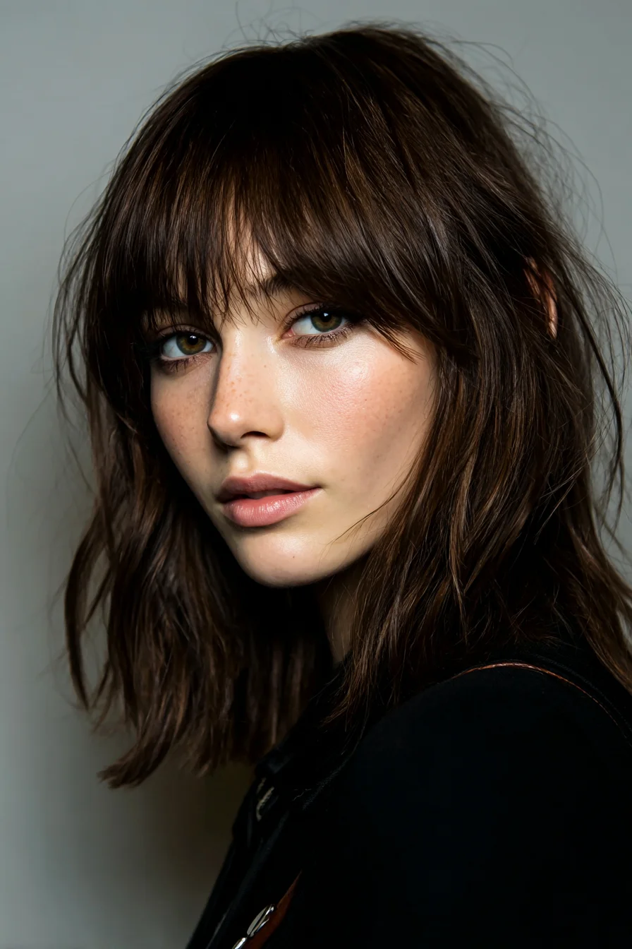 Textured Shoulder-Length Shag with Wispy Curtain Bangs