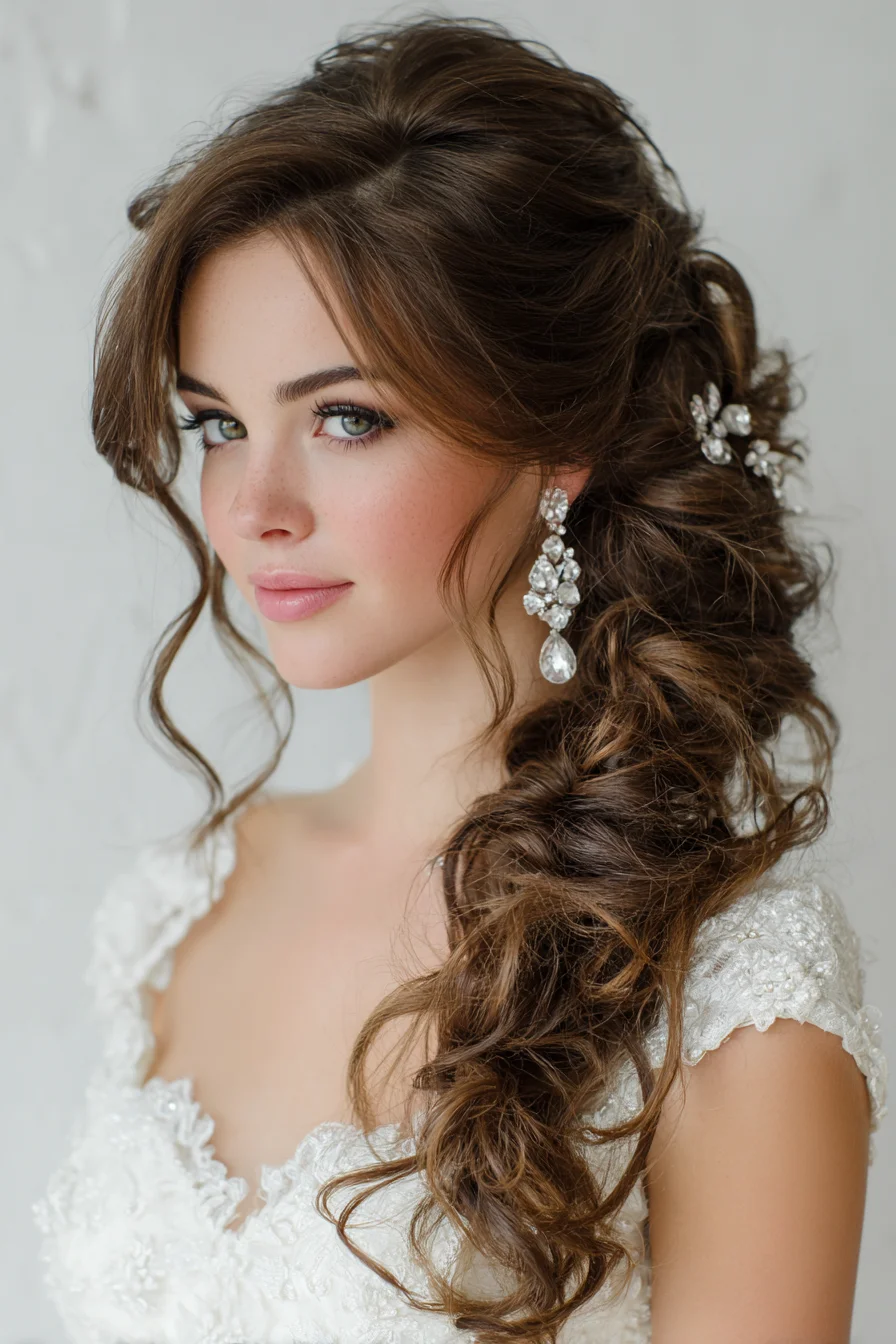 Textured Side-Swept Curly Bridal Hairstyle with Soft Face‑Framing Tendrils