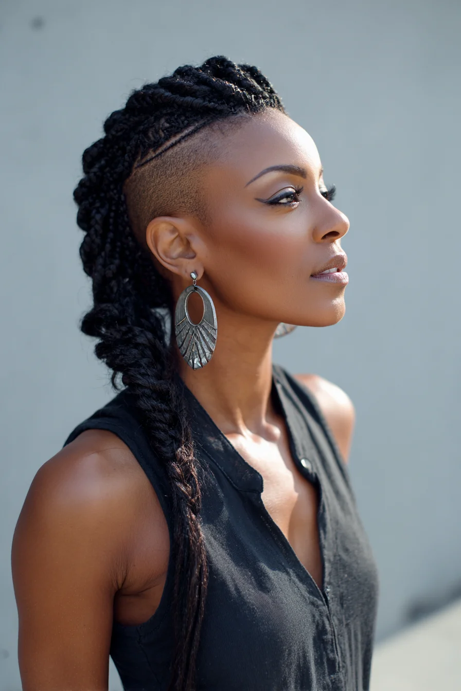 Textured Side Undercut with Feed-In Cornrows and Thick Braided Ponytail
