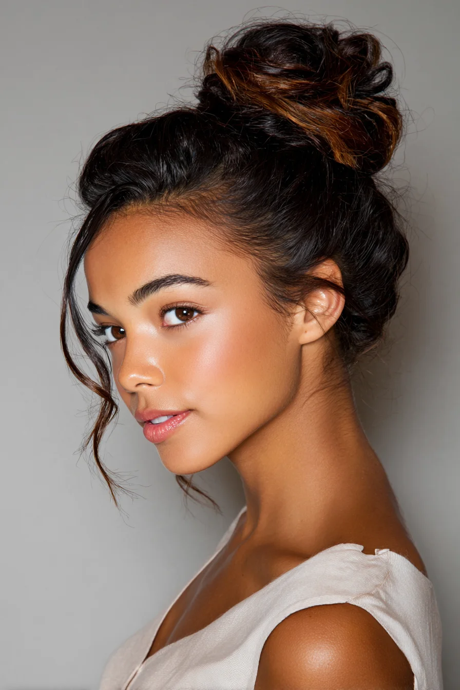 Textured Top Knot Bun with Face‑Framing Tendrils