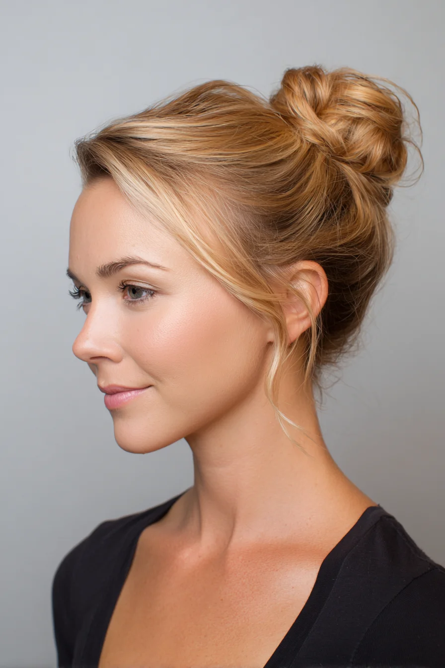 Textured Top-Knot Bun with Soft Face-Framing Tendrils
