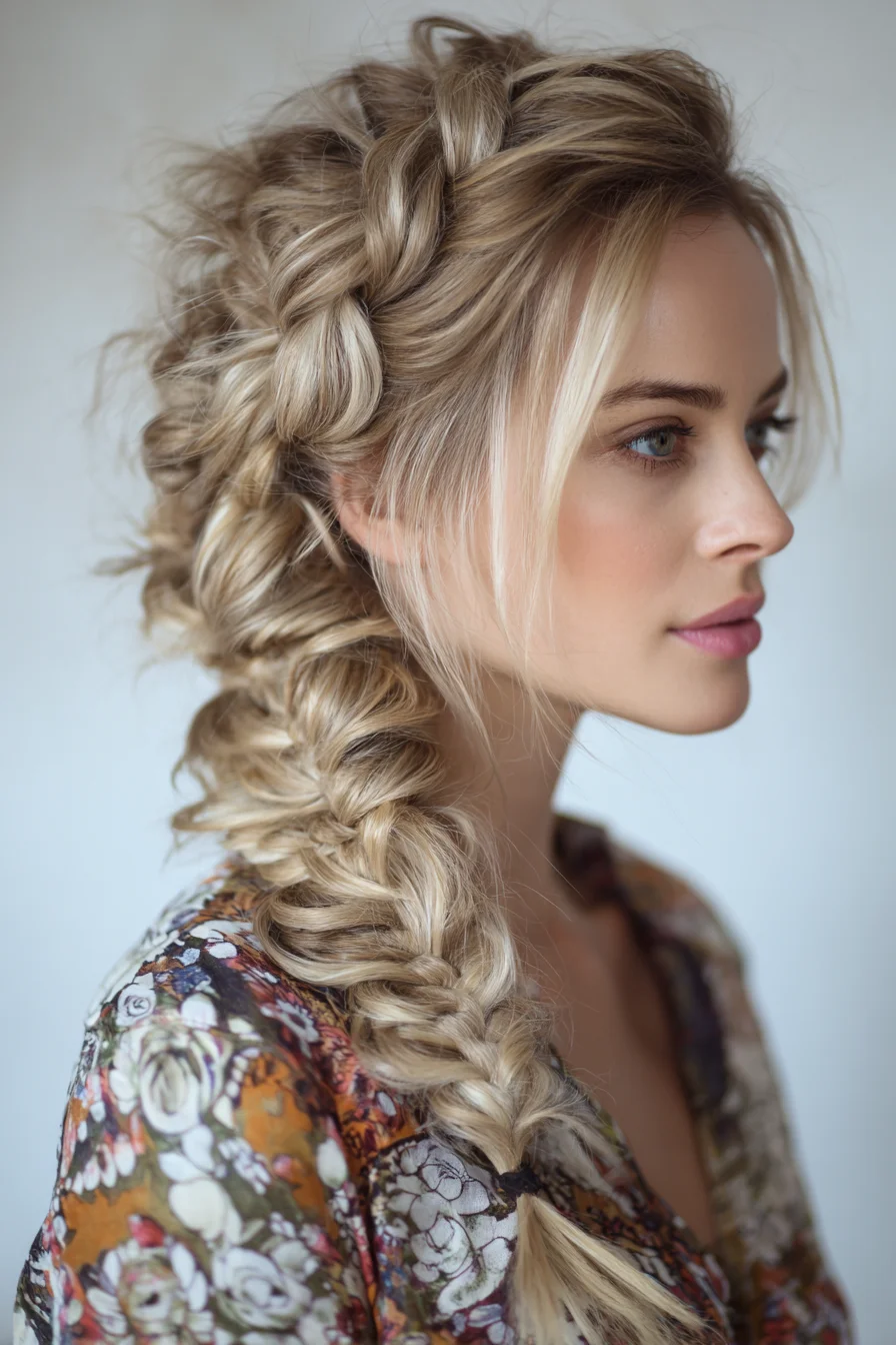 Textured Voluminous Side Fishtail Braid with Face‑Framing Pieces