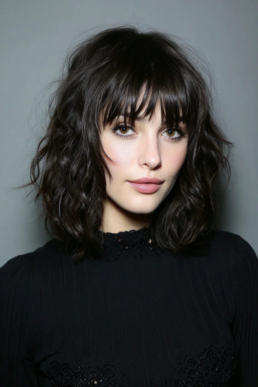 Textured Wavy Shoulder-Length Bob with Choppy Fringe