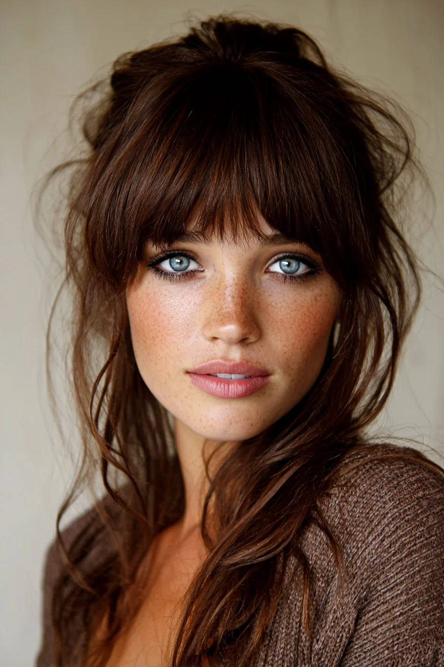 Tousled Long Layers with Wispy Fringe & Messy Half-Up Topknot