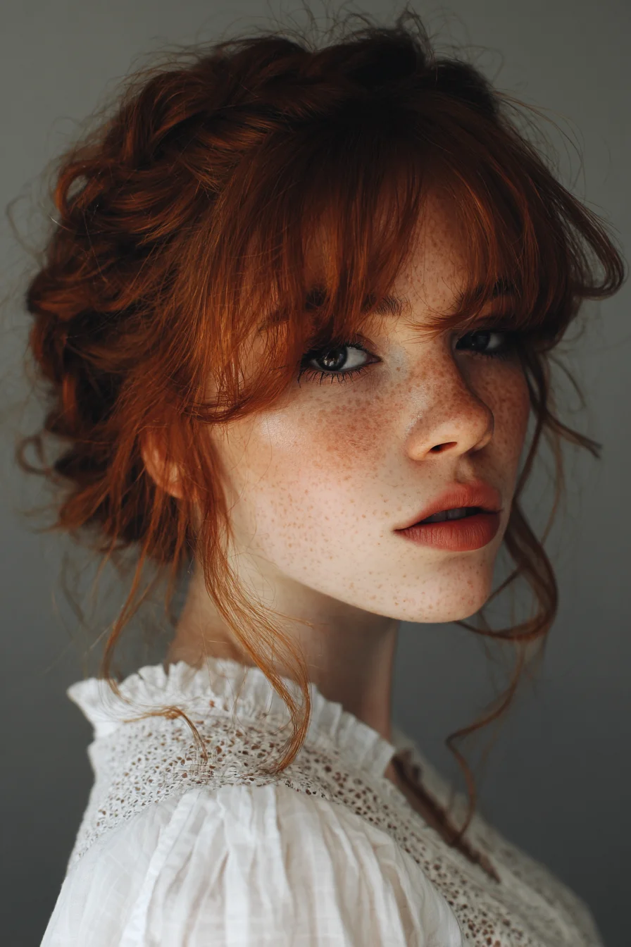 Tousled Low Updo with Curtain Bangs — Textured Romantic Hairstyle