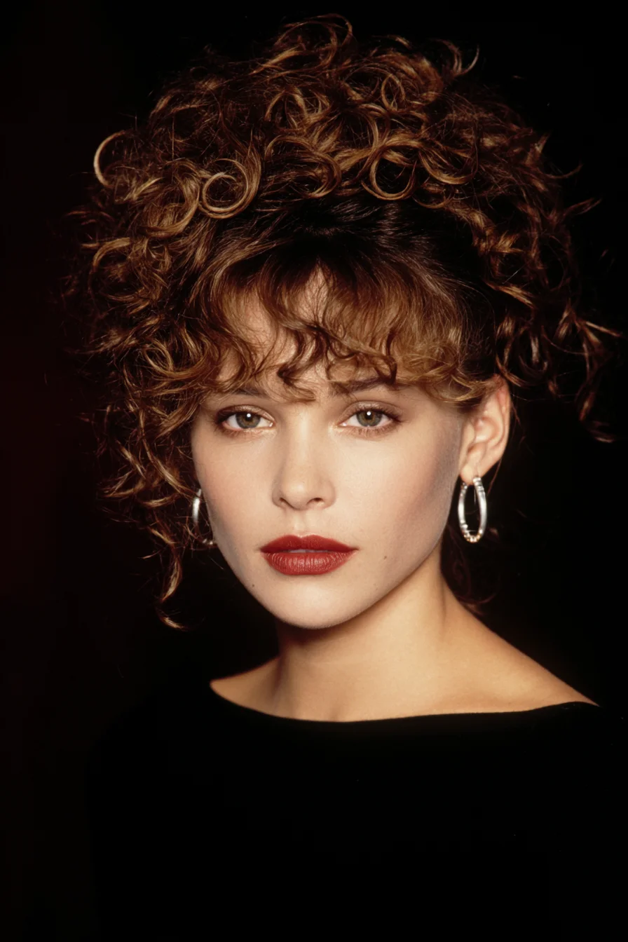 Voluminous Curly Updo with Face‑Framing Spiral Curls and Bangs