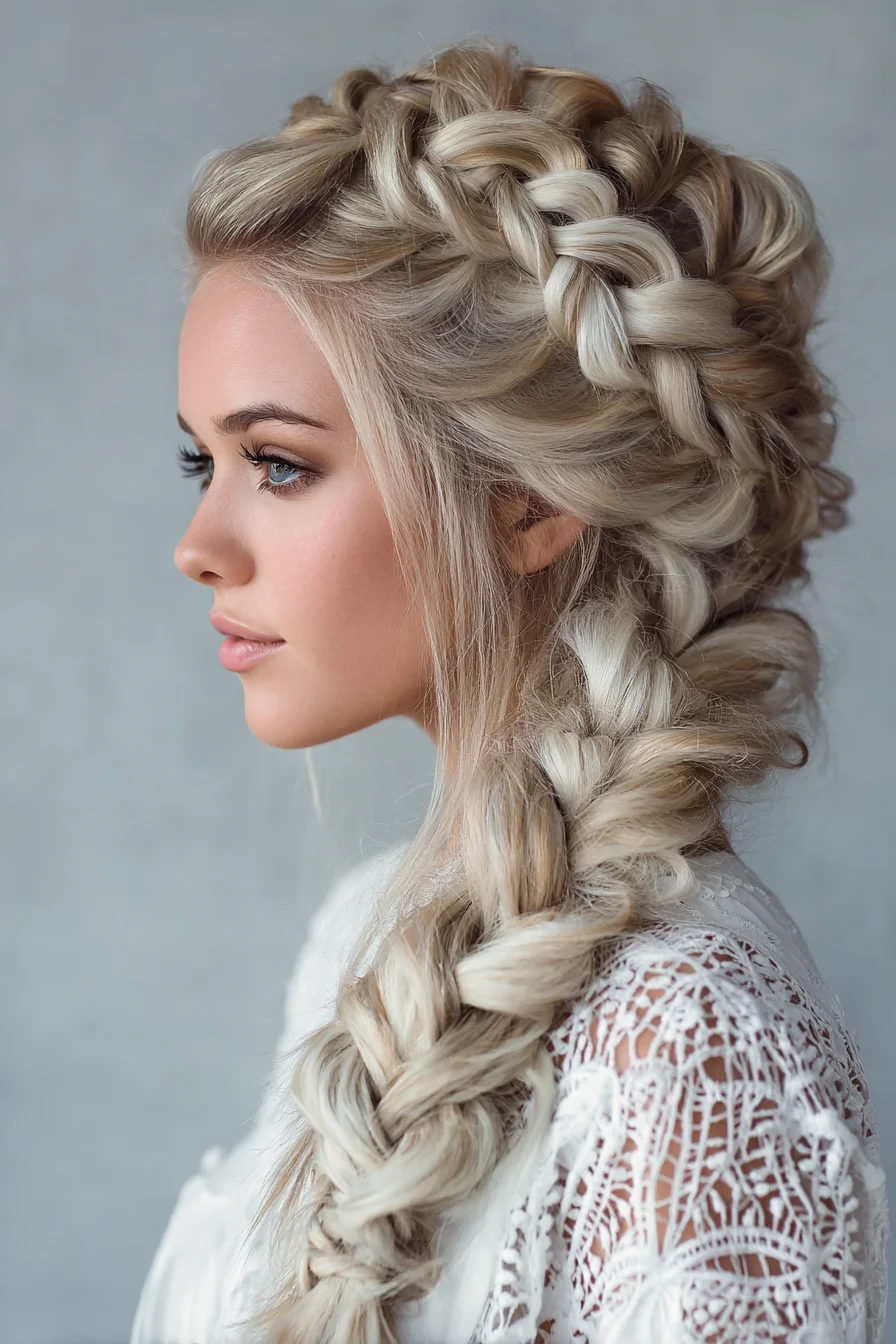 Voluminous Dutch Crown to Loose Fishtail Side Braid for Long Hair