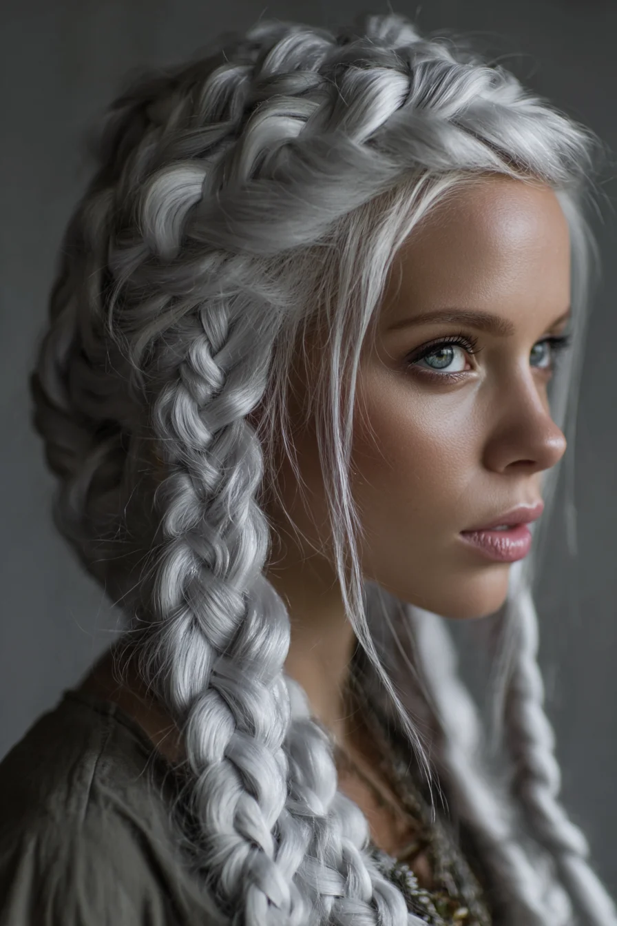 Voluminous Dutch Crown with Chunky Double Braids — Platinum/Silver Hair