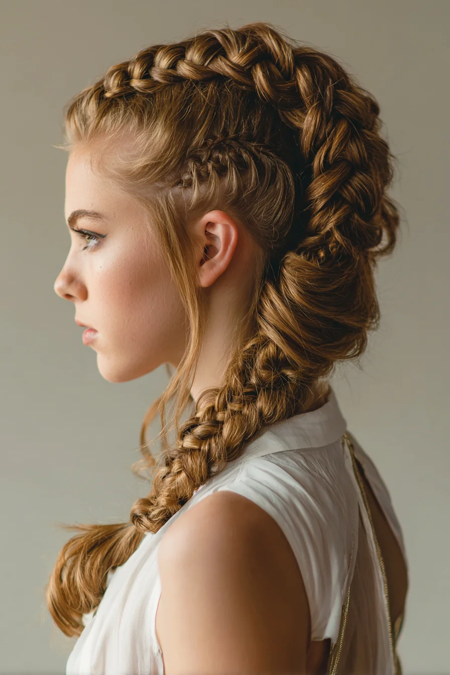 Voluminous Dutch Mohawk to Pancaked Side Braid — Braided Updo for Long Hair